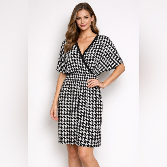 Vince Camuto Dresses & Skirts - Vince Camuto Houndstooth Faux Wrap Dress Size 8 Dolman Sleeve Black White Office